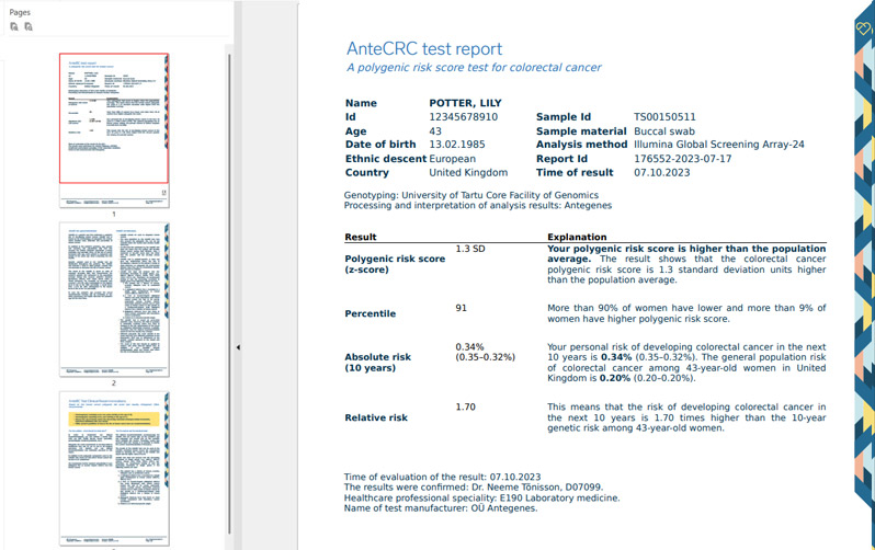 Colorectal (Bowel) Cancer Risk Risk Scoring Example Report